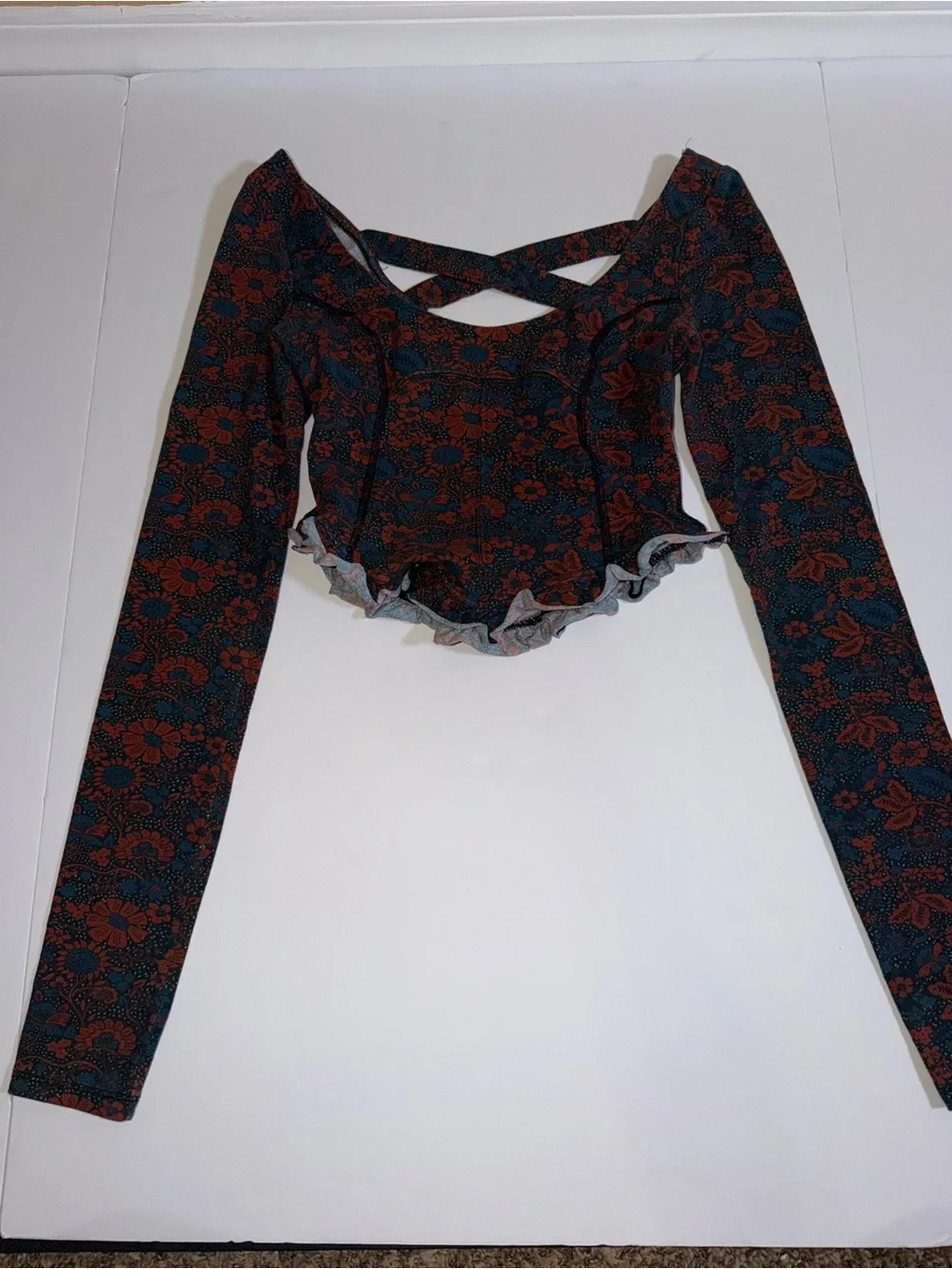 Free People Floral Long-Sleeve Crop Top in Teal and Rust